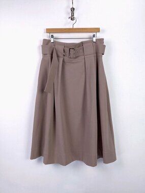 Ming Wang Womens High Waist Belted A-Line Midi Skirt Pleated Flare Mocha Size XL
